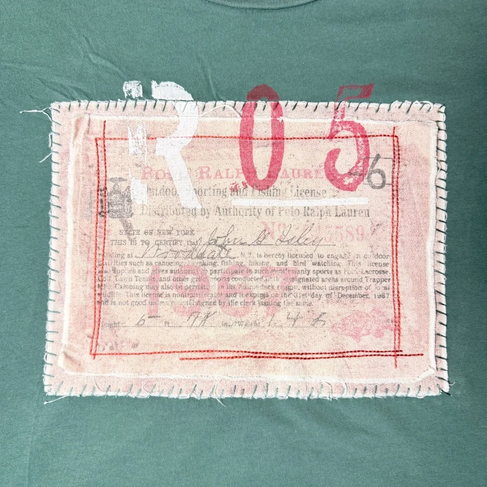 Vintage Polo Ralph Lauren SZ L Green 1967 Fishing License Graphic Patch T-Shirt